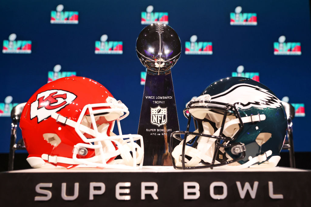 Kansas City Chiefs and Philadelphia Eagles helmets for Super Bowl LVII.