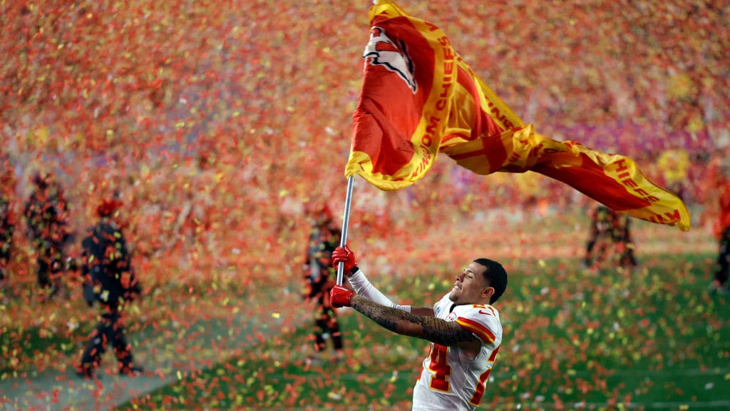 Skyy Moore of the Kansas City Chiefs celebrates his Super Bowl win.