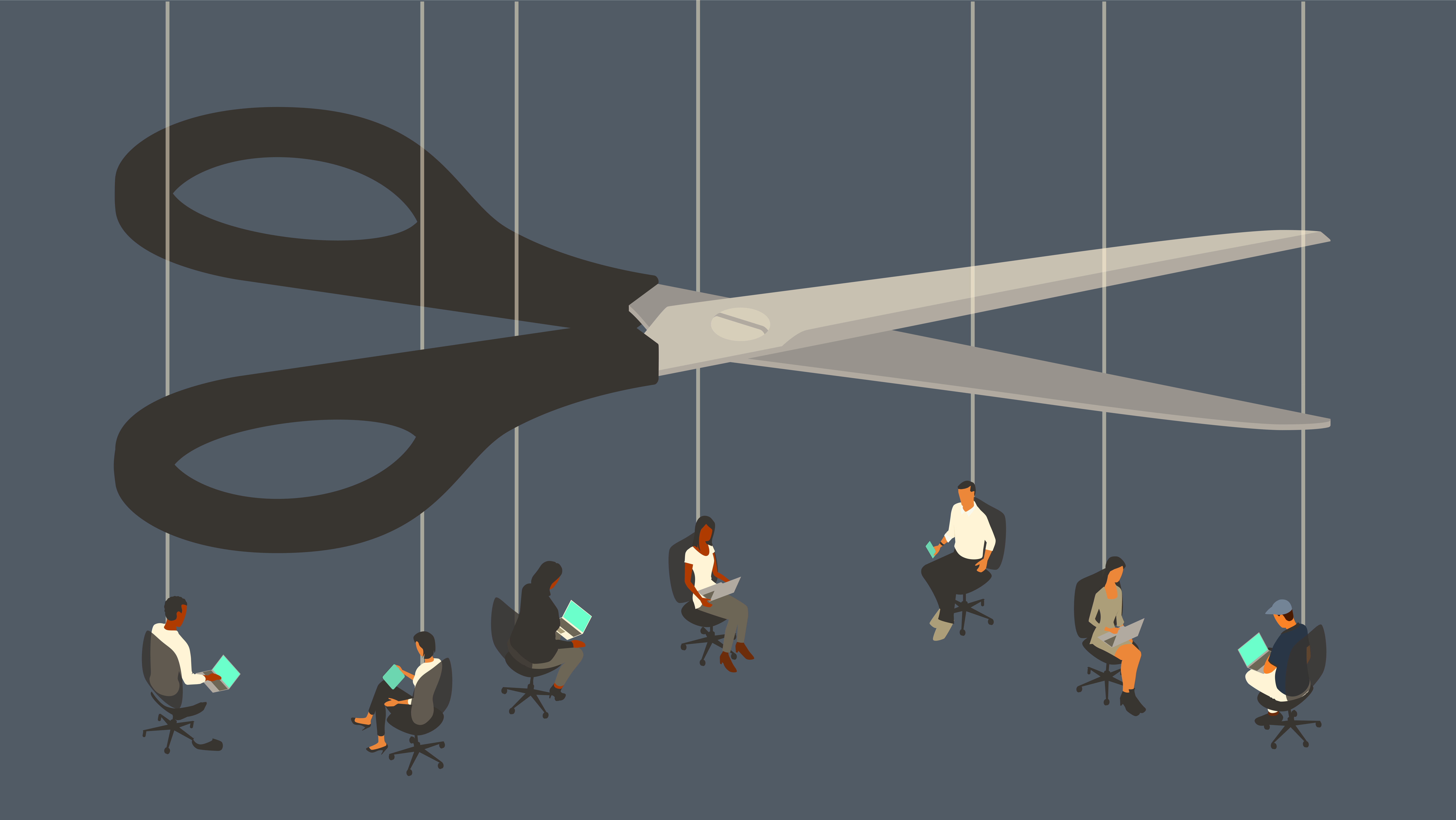 An illustration of a pair of scissors cutting strings attached to employees 