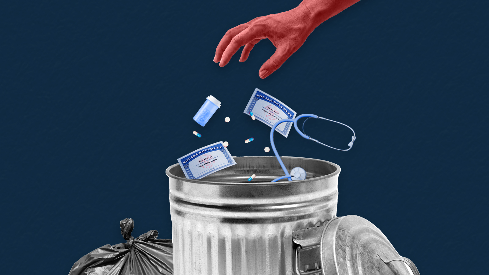 Social Security cards in trash can. 