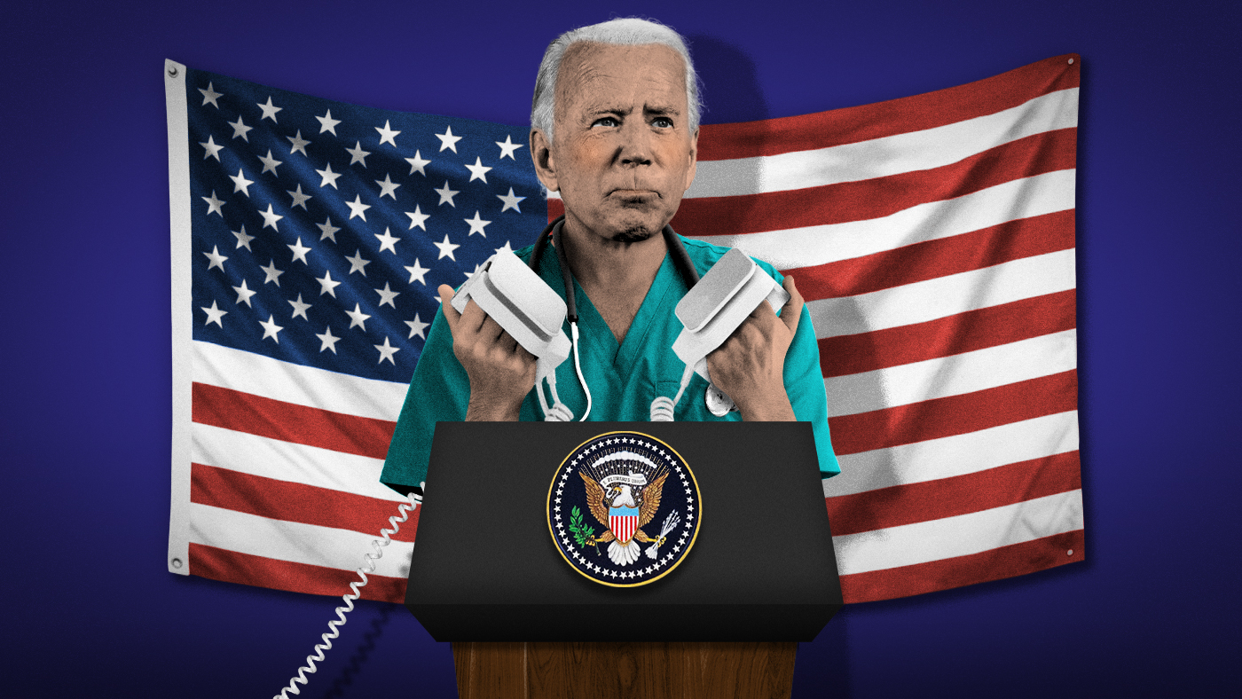 An illustrated image of President Biden at the lectern holding defibrillator paddles
