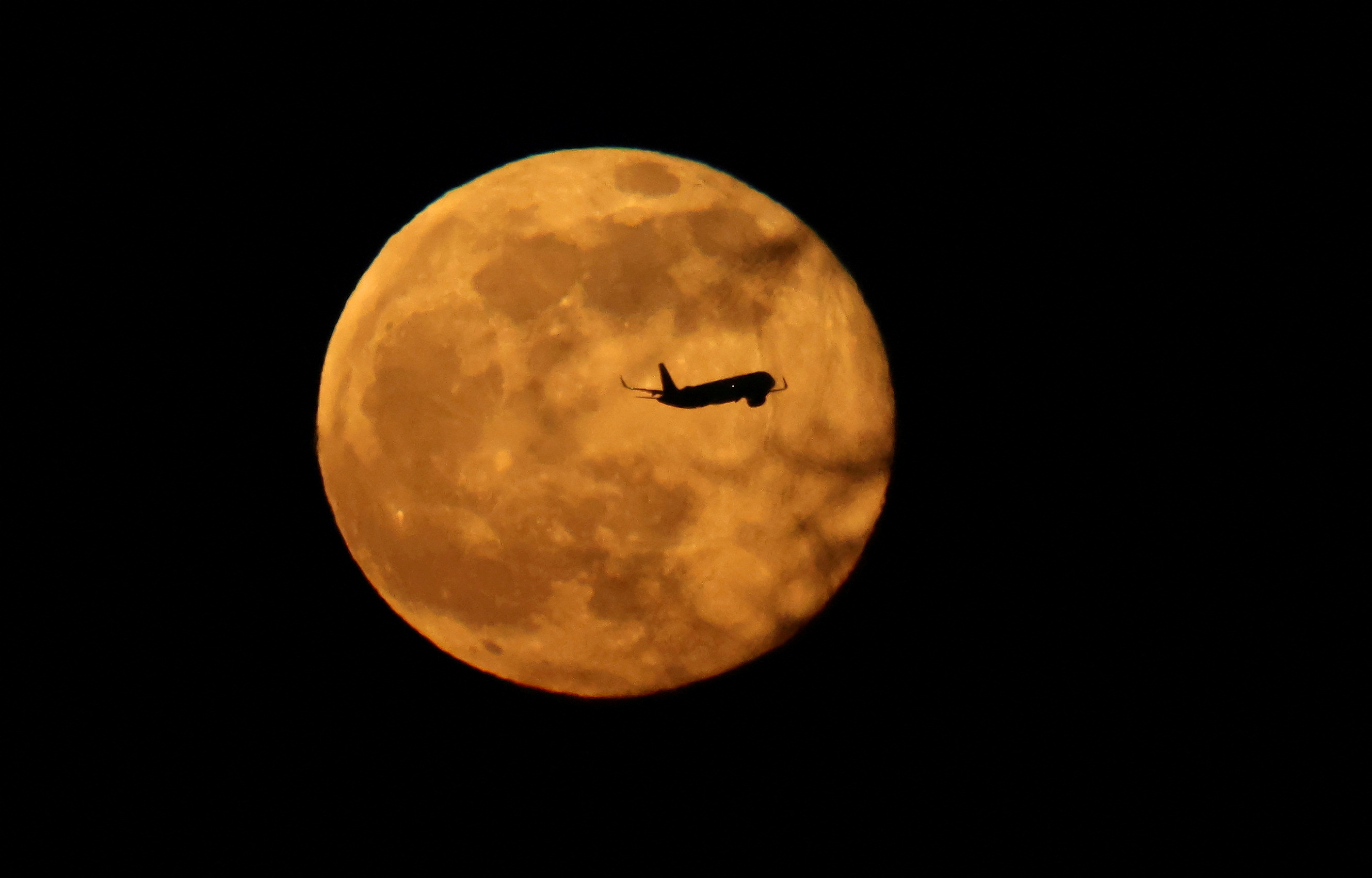 Plane flies in front of moon.
