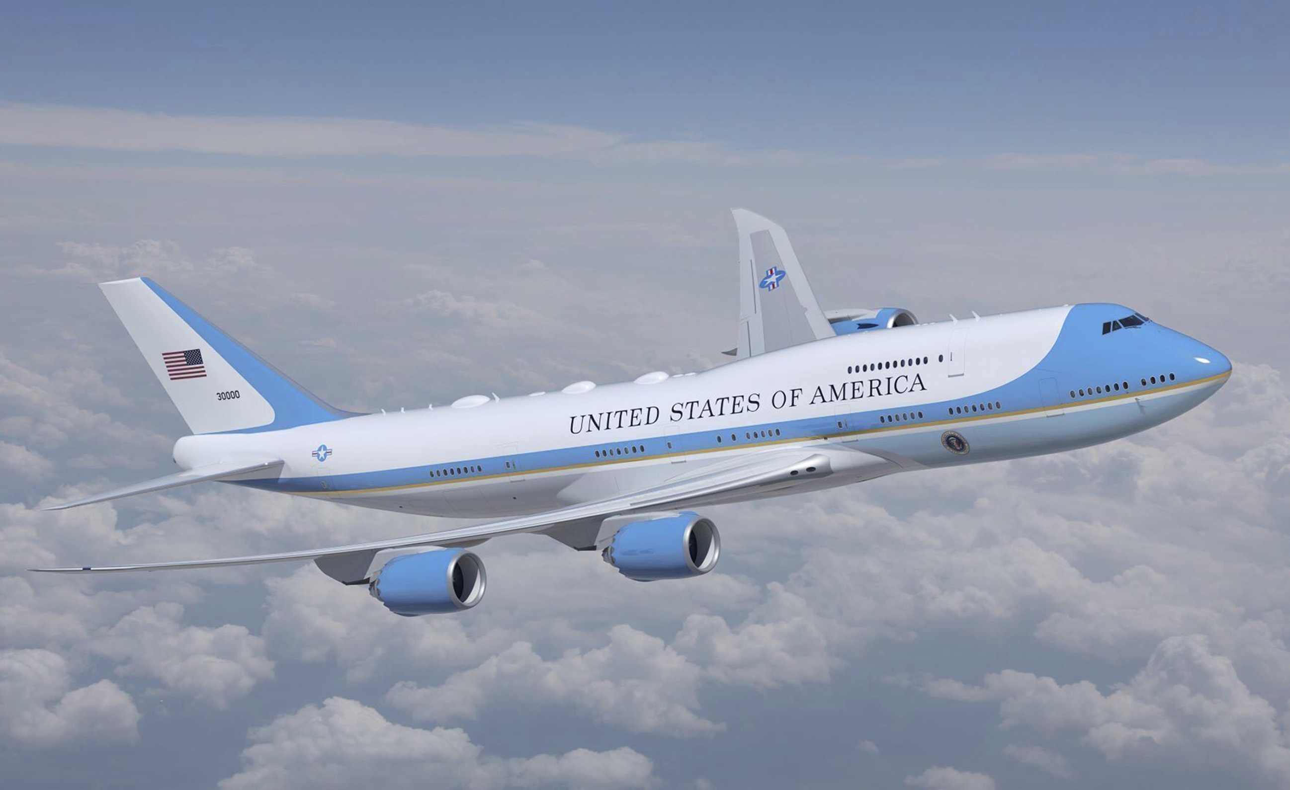An artist&#039;s concept of the next Air Force One, a Boeing 747-8. 