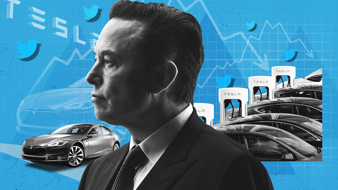 Elon Musk on a blue background surrounded by Teslas and charging points