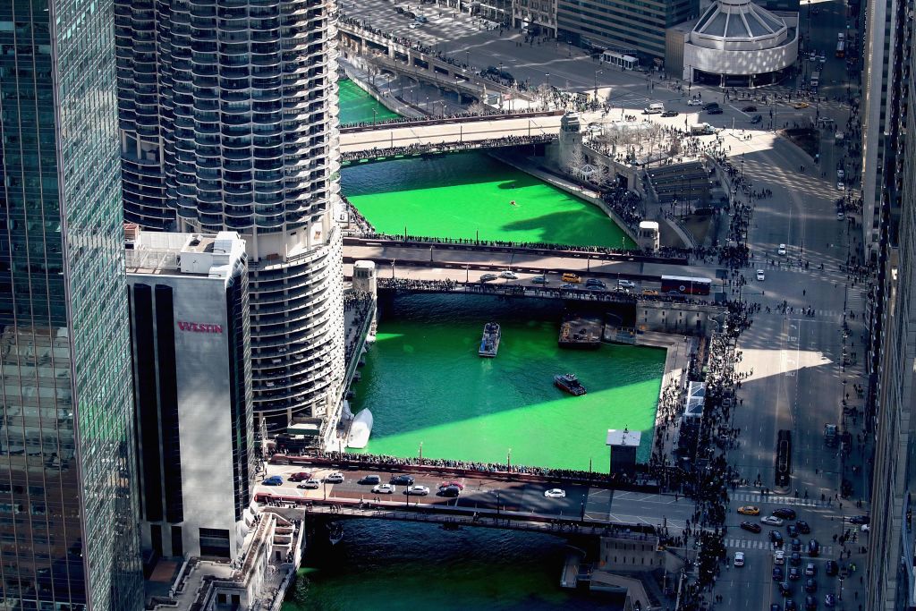 The Chicago River is dyed green for St. Patrick&#039;s Day. 