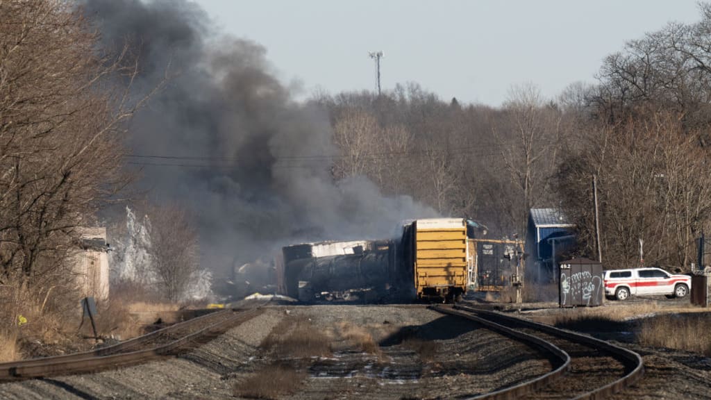 The train derailment site in East Palestine, Ohio.