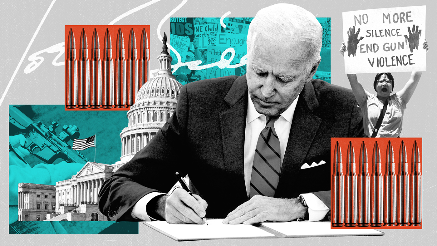 An illustration of Biden signing an executive action and surrounded by imagery of bullets and gun protesters