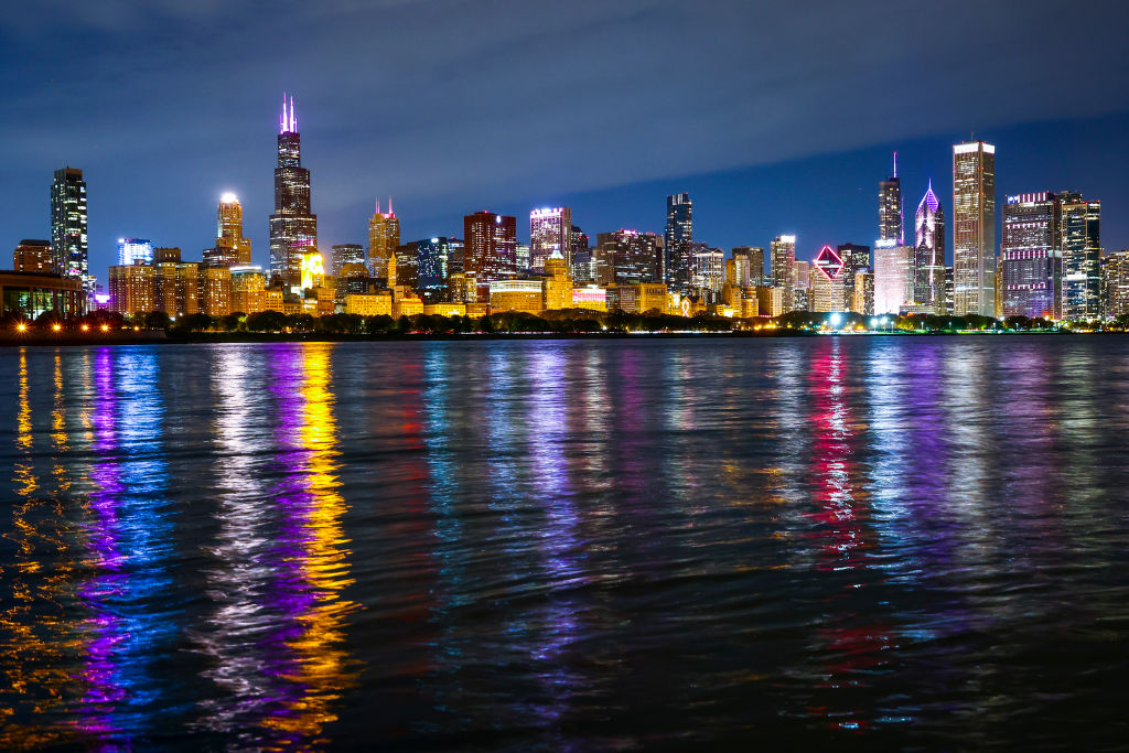 The Chicago skyline at night. 
