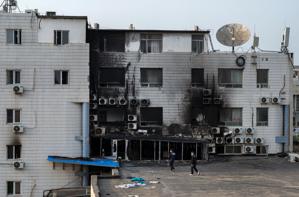 remnants  of fire at the Changfeng Hospital in Beijing 