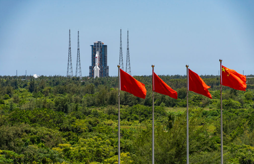 A Chinese rocket sits on the launchpad. 