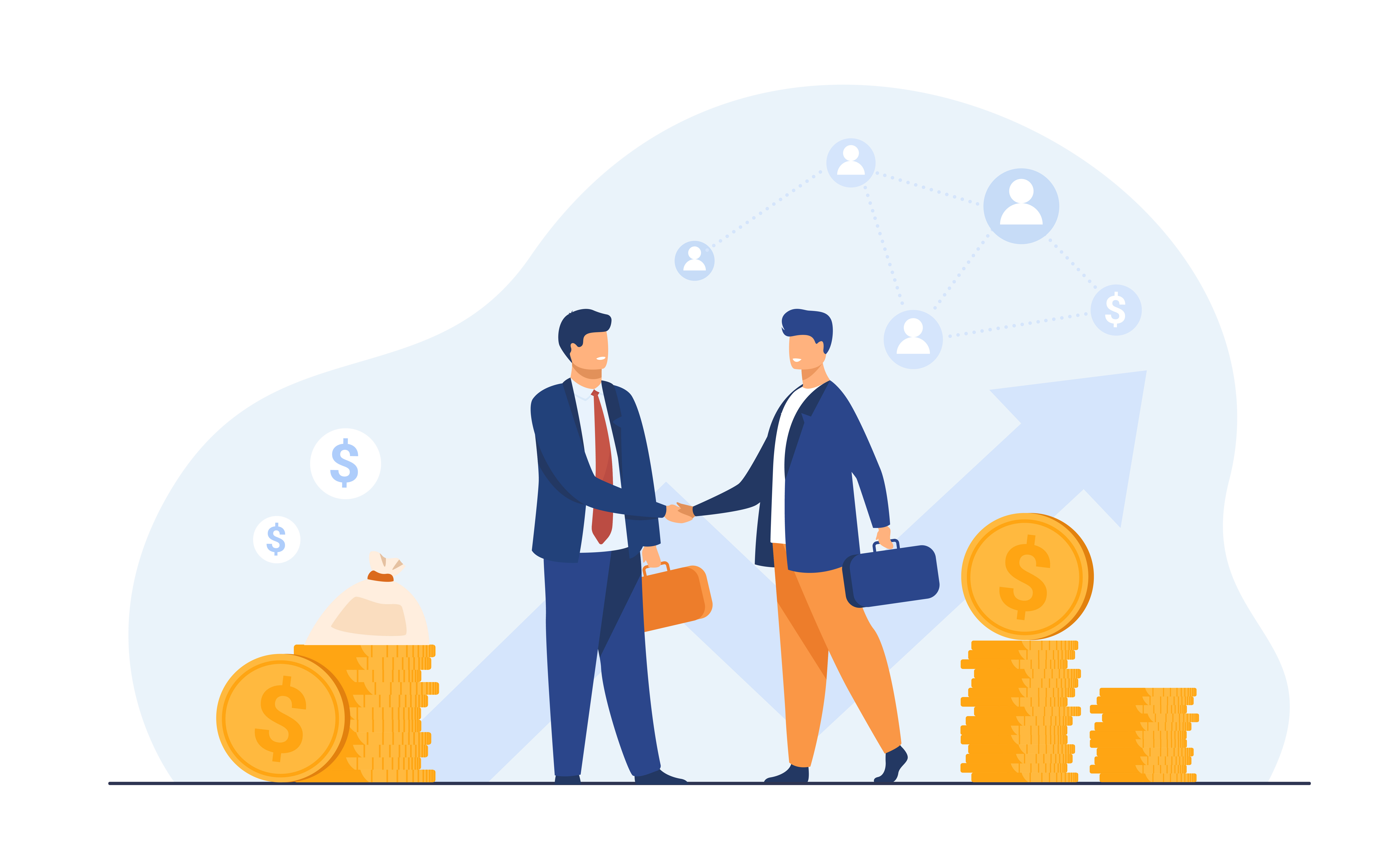 An illustrated image of two people shaking hands surrounded by coins