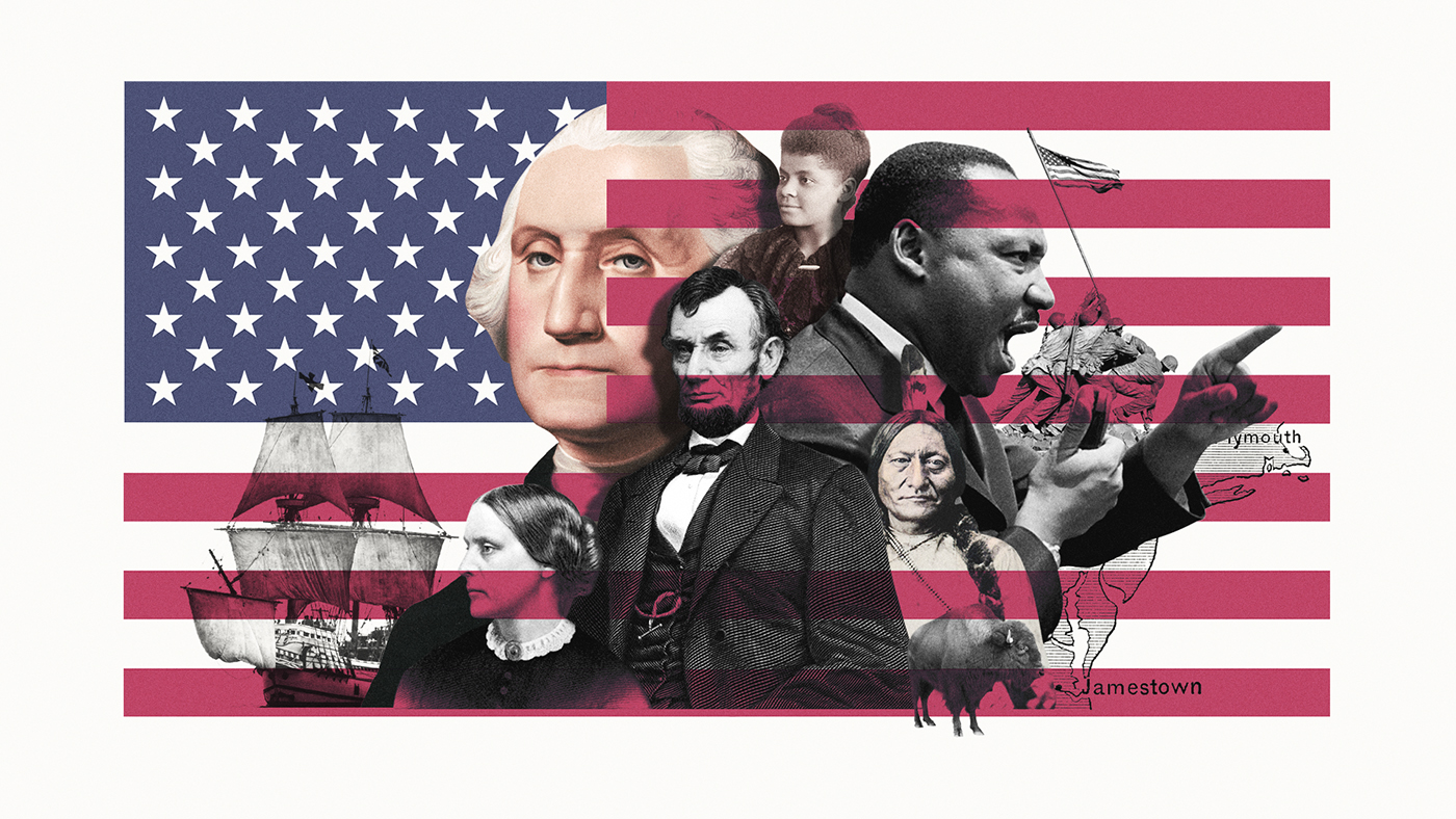 An illustrated image of U.S. historical figures on a backdrop of a U.S. flag