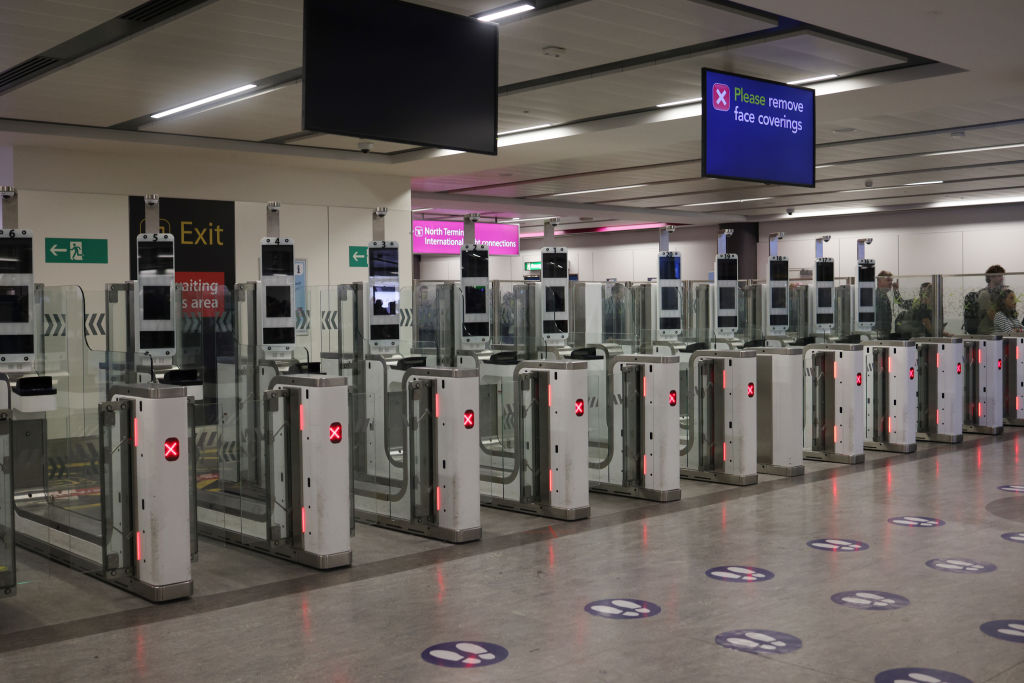 A row of shutdown e-passport scanners at London&#039;s Gatwick Airport. 