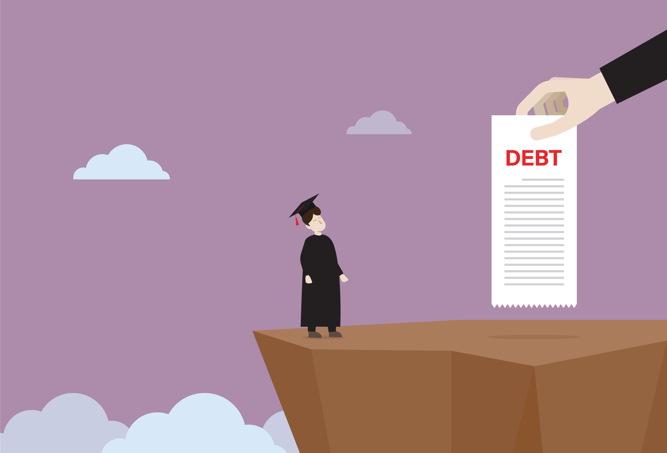 An illustrated image of a graduate being handed a piece of paper with the word &#039;debt&#039; on it