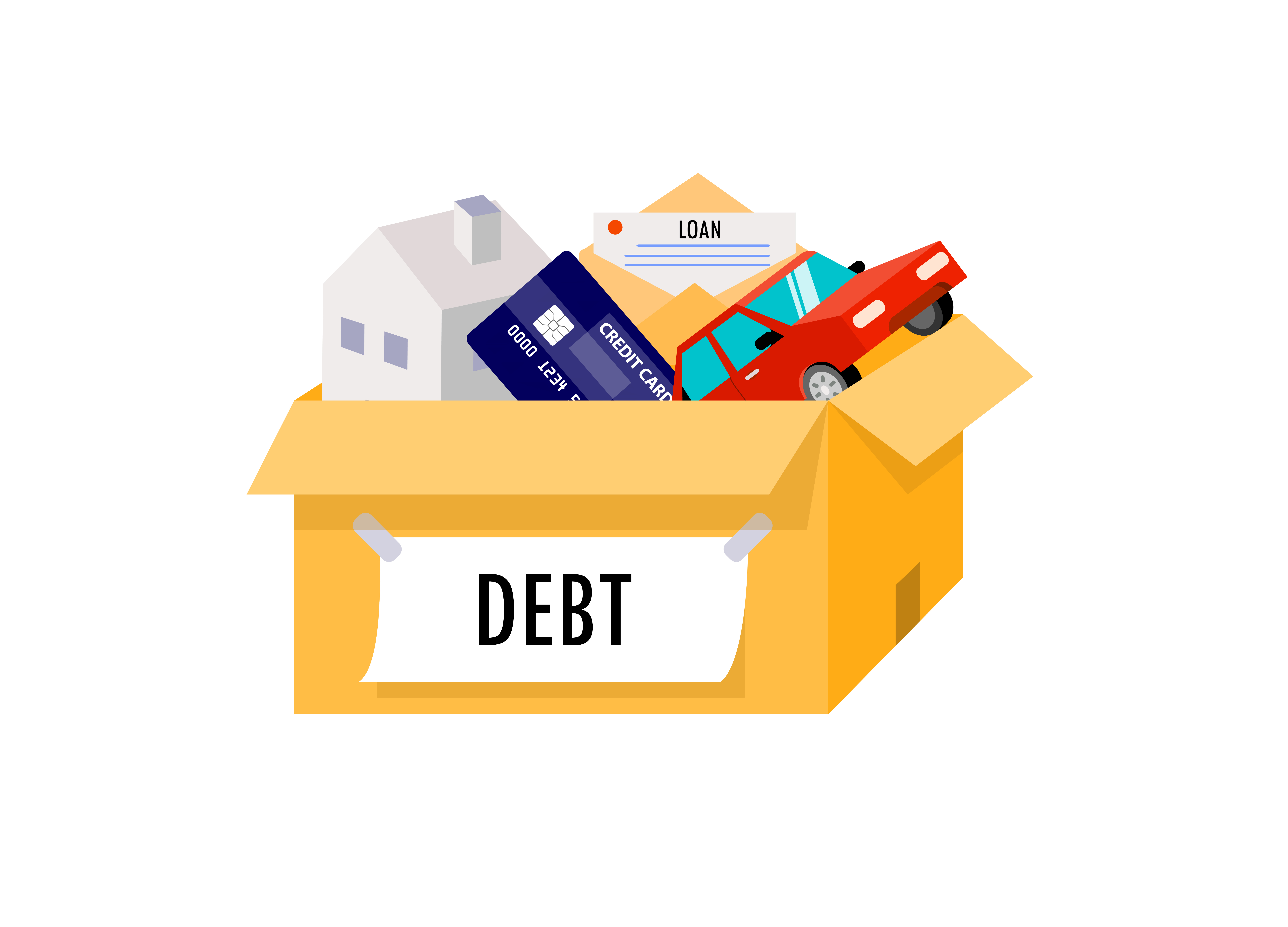 An illustrated image of a box with the word &#039;debt&#039; on it carrying a house, a car, and a credit card