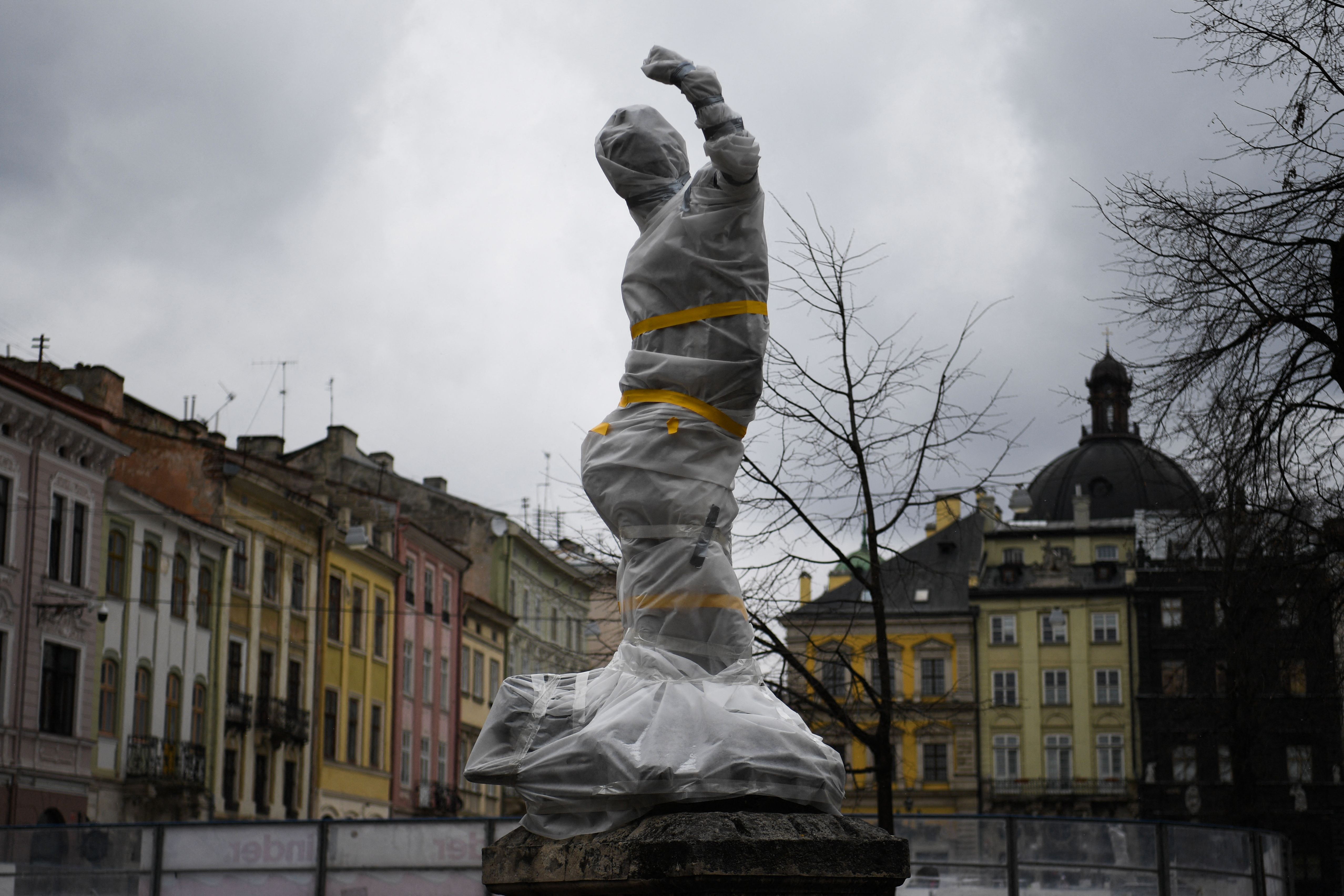 A wrapped statue.