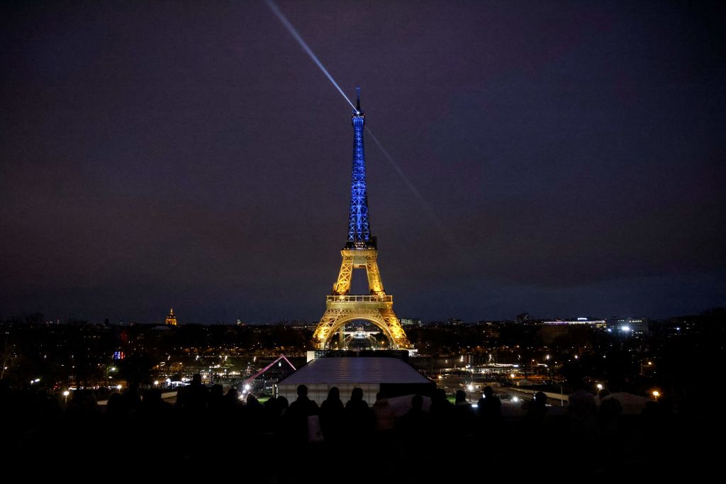 The Eiffel Tower lit in Ukrainian colors.