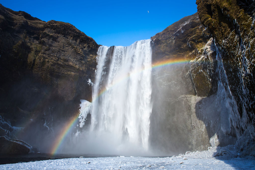 A rainbow at the Skogar waterfall.