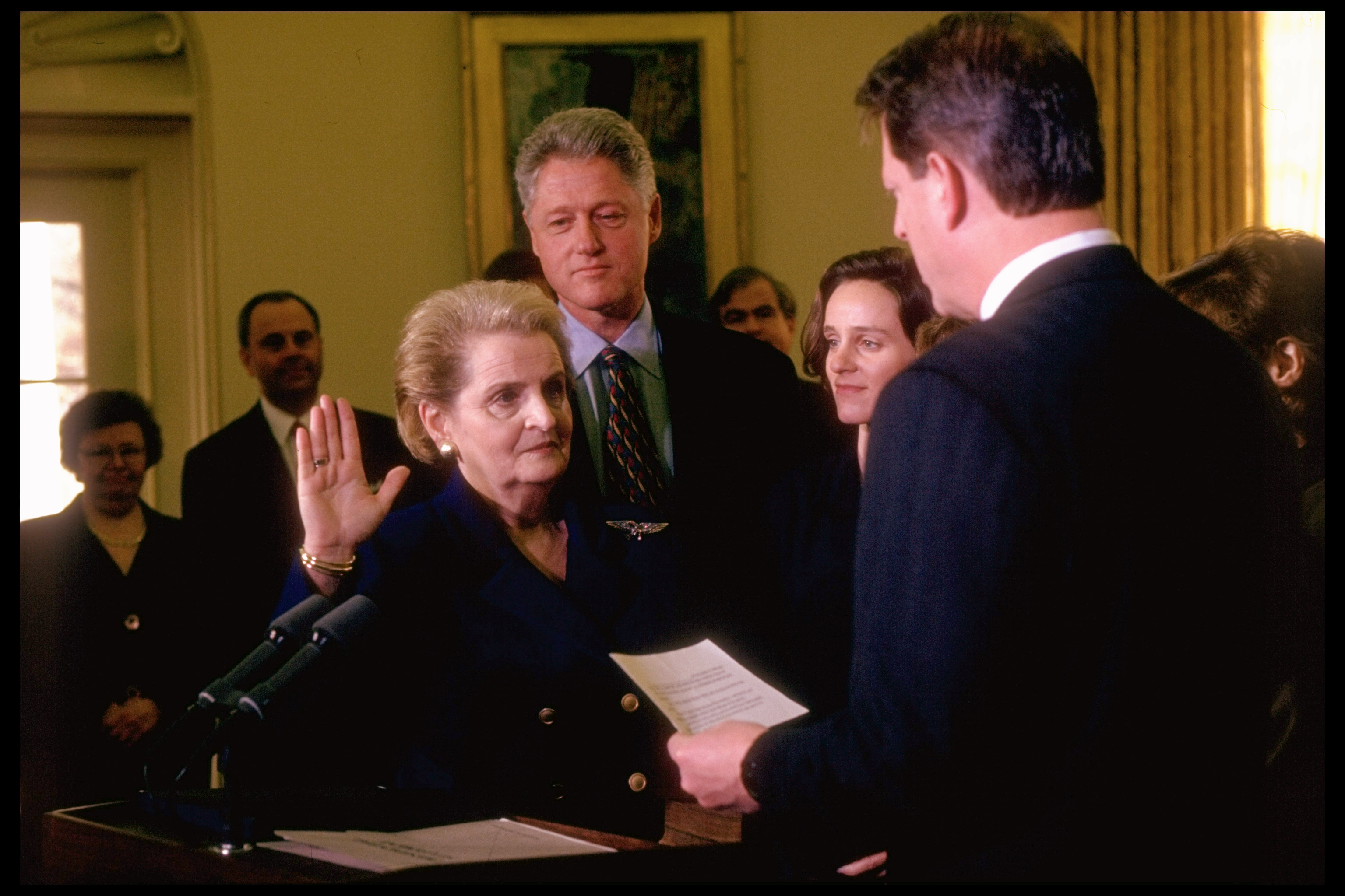 Madeleine Albright being sworn in by Vice President Al Gore
