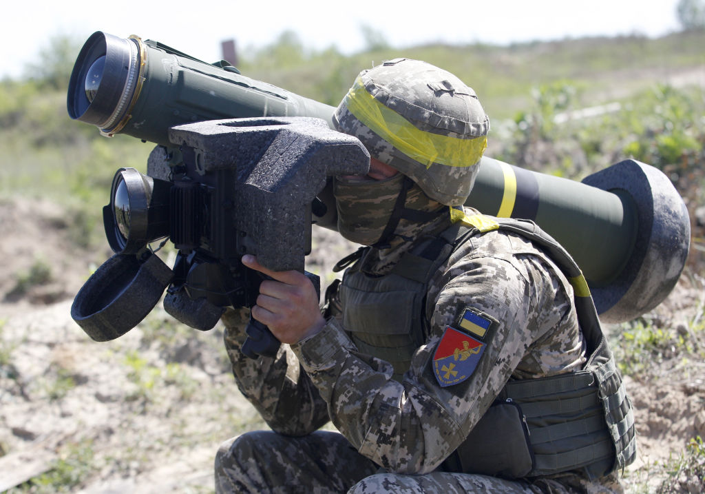 Ukrainian soldier fires Javelin anti-tank missile system