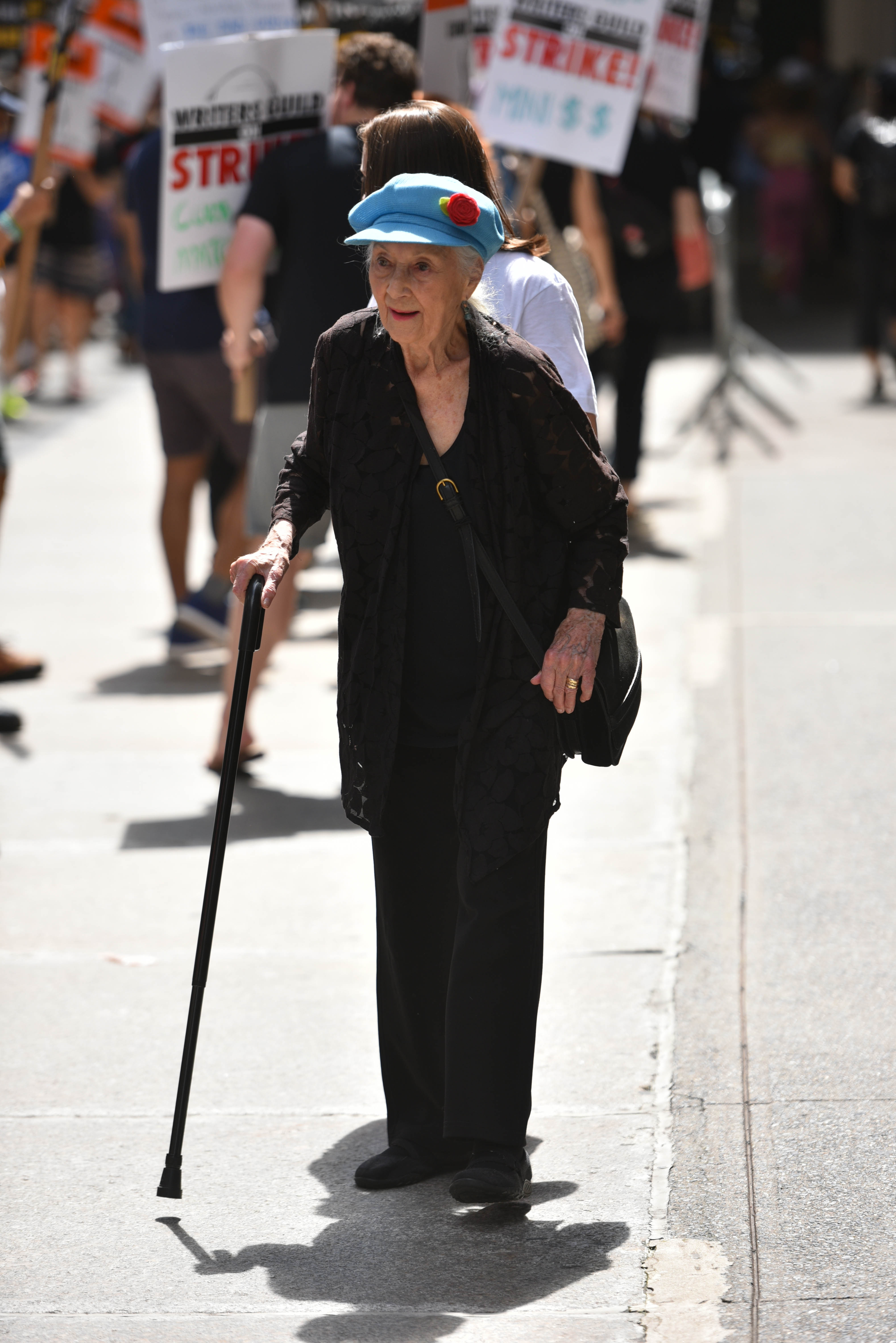 Rosemary Harris walks a picket line in New York City.