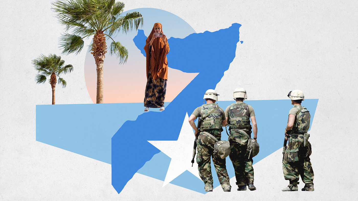 An illustrated collage of U.S. troops, Somalia&#039;s outline, and palm trees