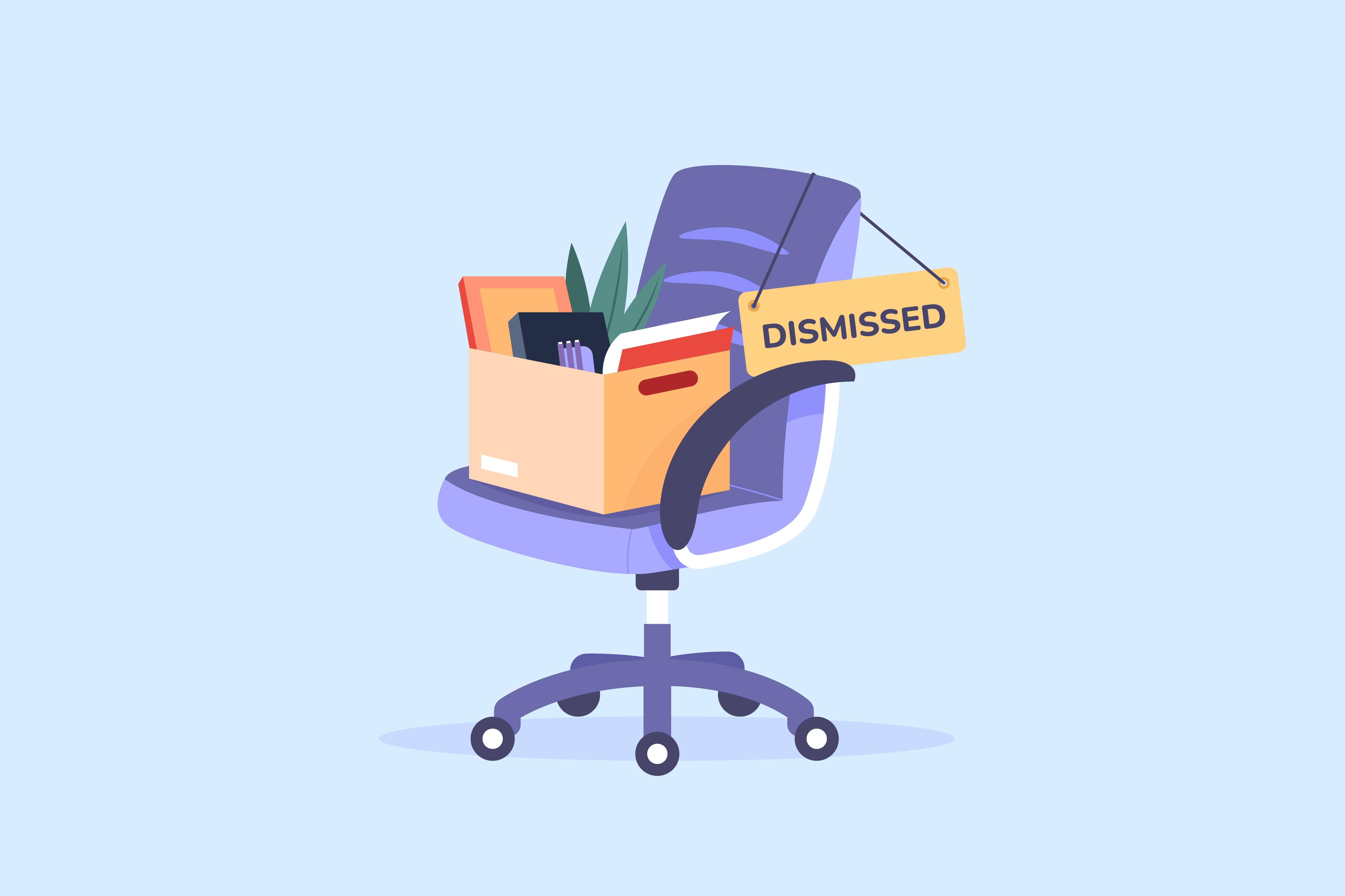 An illustrated image of an office chair covered in a &#039;dismissed&#039; sign