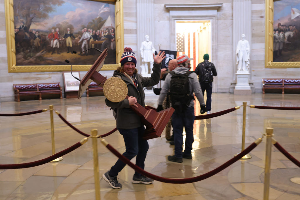 A Trump supporter in the Capitol on Jan. 6.