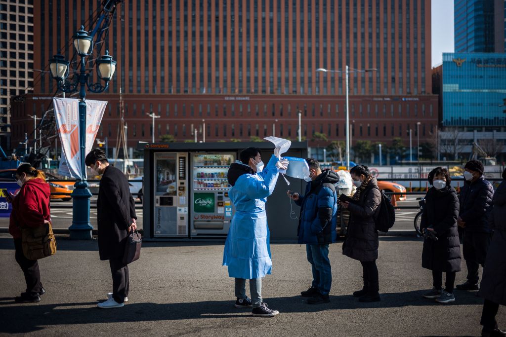 A COVID testing queue in South Korea. 