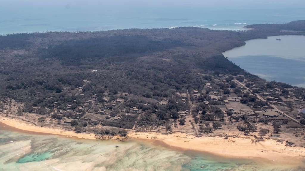The view of Nomuka, Tonga, after the Jan. 15 volcano eruption and tsunami.