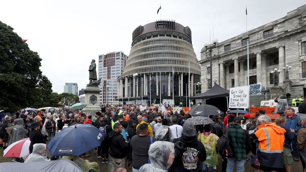 Protesters in Wellington, New Zealand.