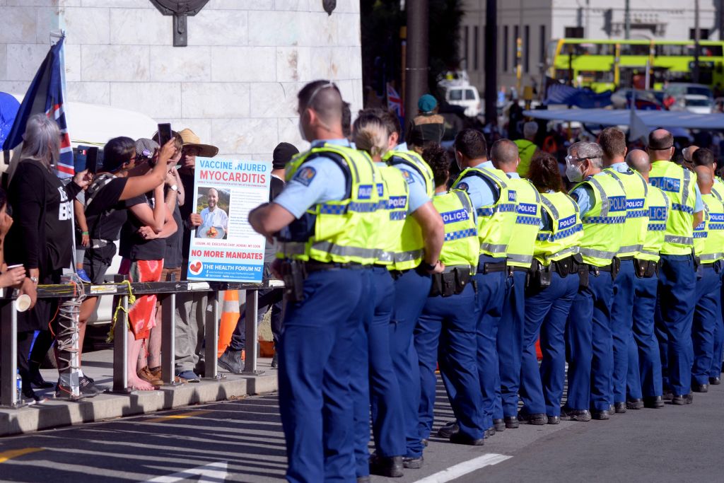Protesters and police in New Zealand