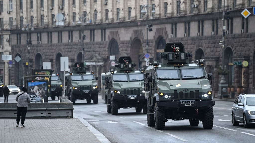 Ukrainian military vehicles in Kyiv on Thursday.