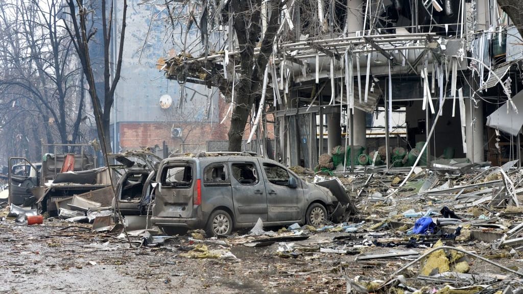 The aftermath of shelling in Kharkiv, Ukraine.