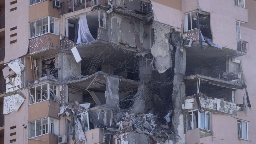 A building in Kyiv damaged by a Russian missile.