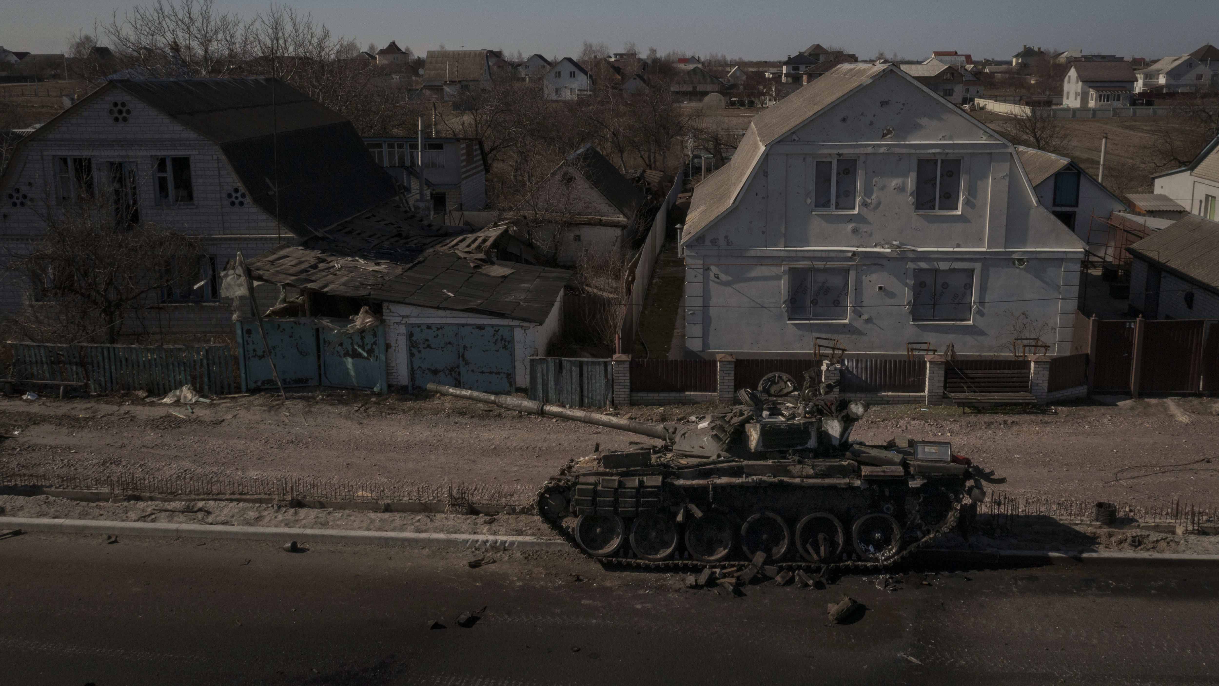 A tank destroyed on Thursday during fighting near Kyiv.