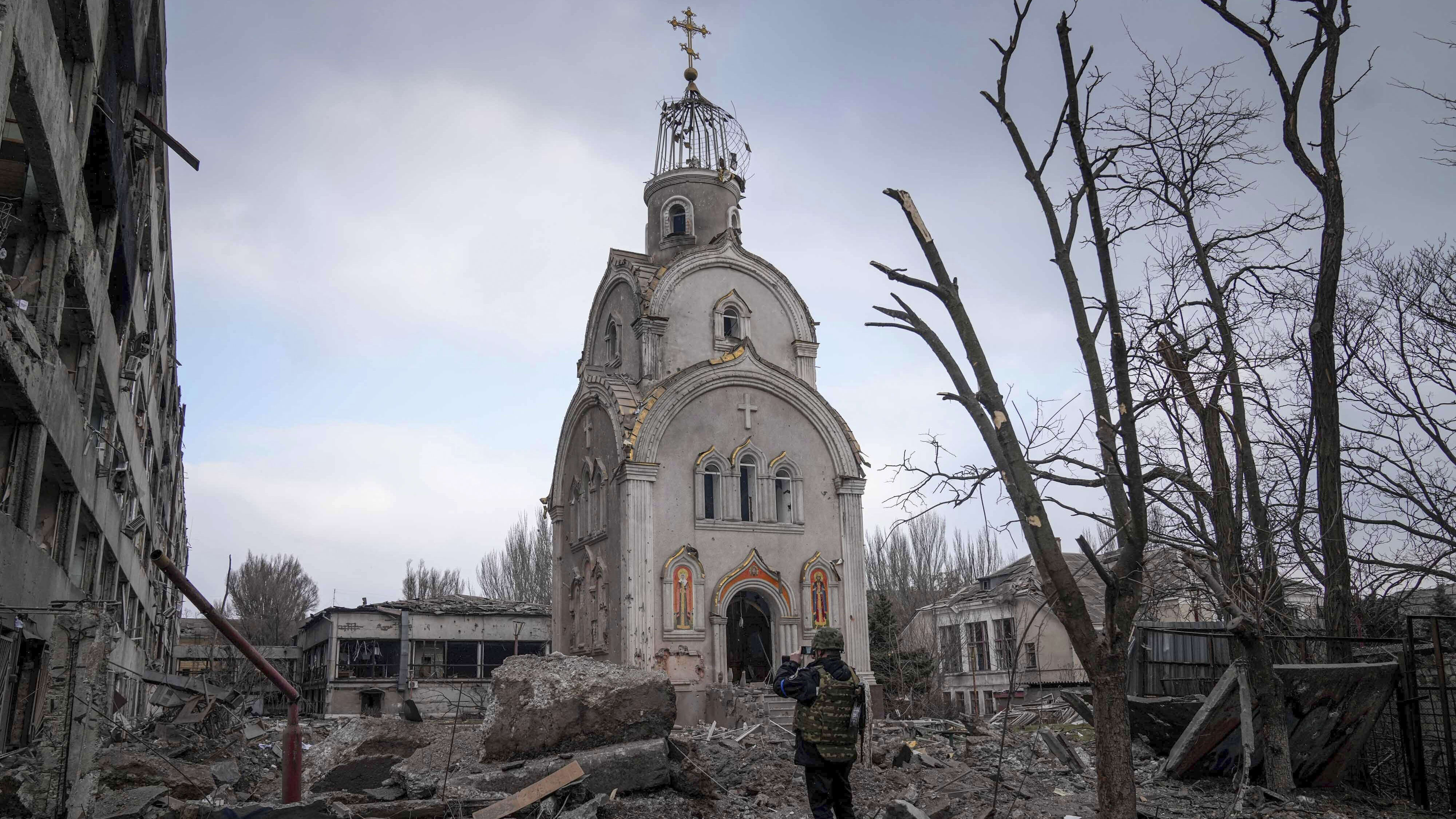 A church damaged in Mariupol by Russian shelling.