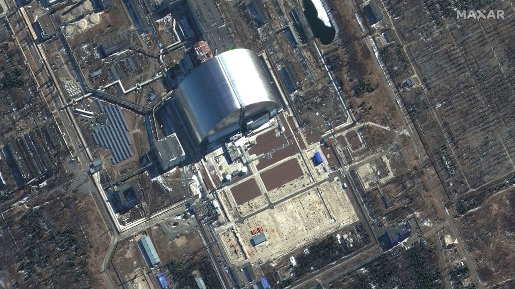 A satellite image of the Chernobyl nuclear plant on March 10, 2022.