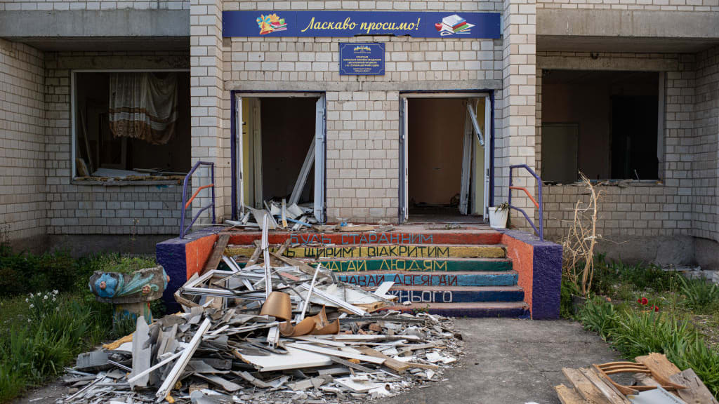 A damaged school in Kyiv.