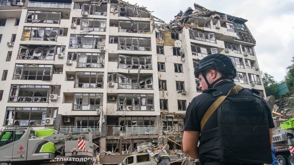 A destroyed apartment building in Kyiv.