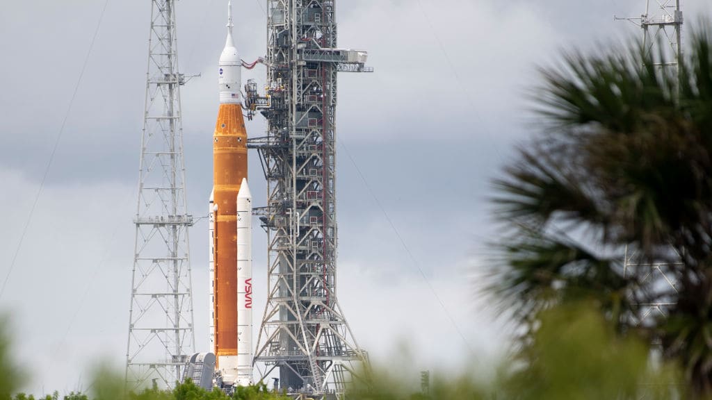 The Space Launch System (SLS) and Orion spacecraft at Kennedy Space Center on Sunday.
