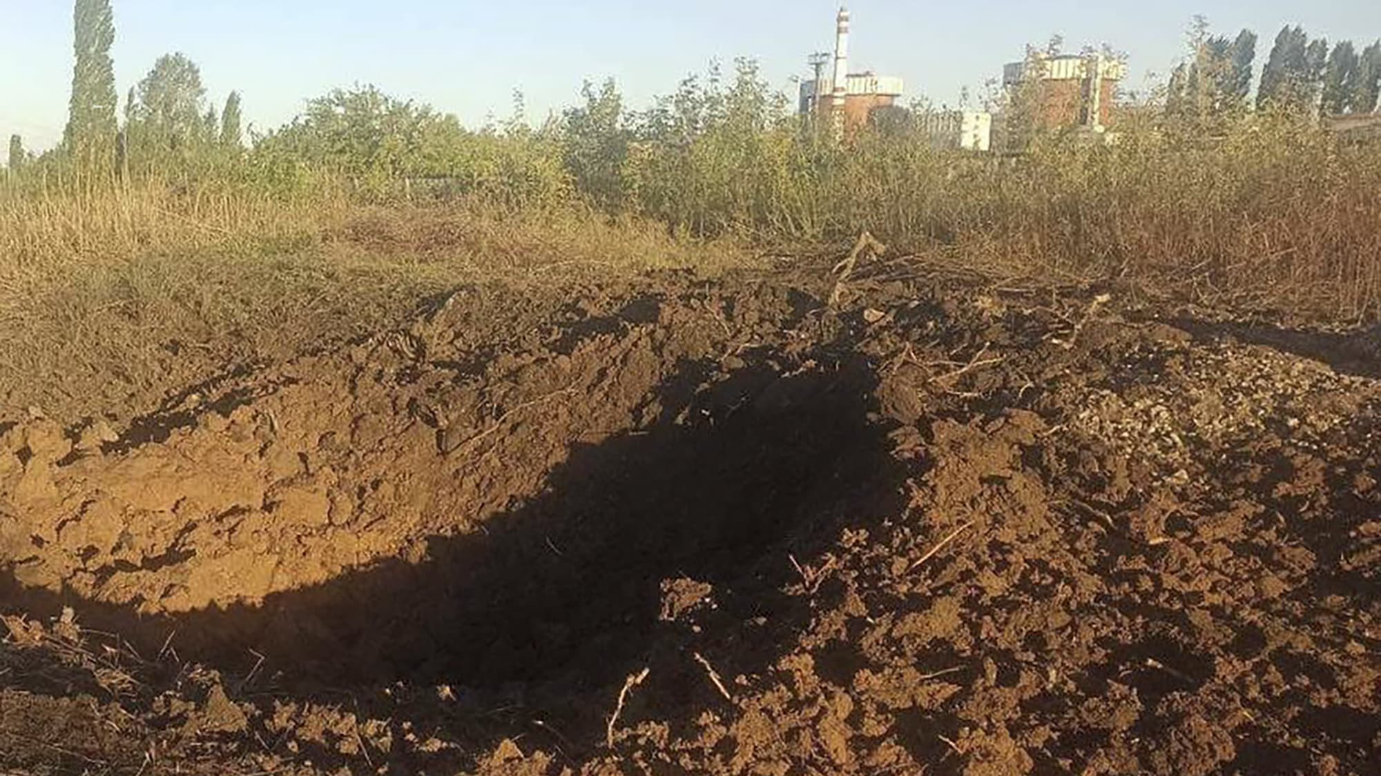 A crater left by a Russian rocket at the South Ukraine Nuclear Power Plant.