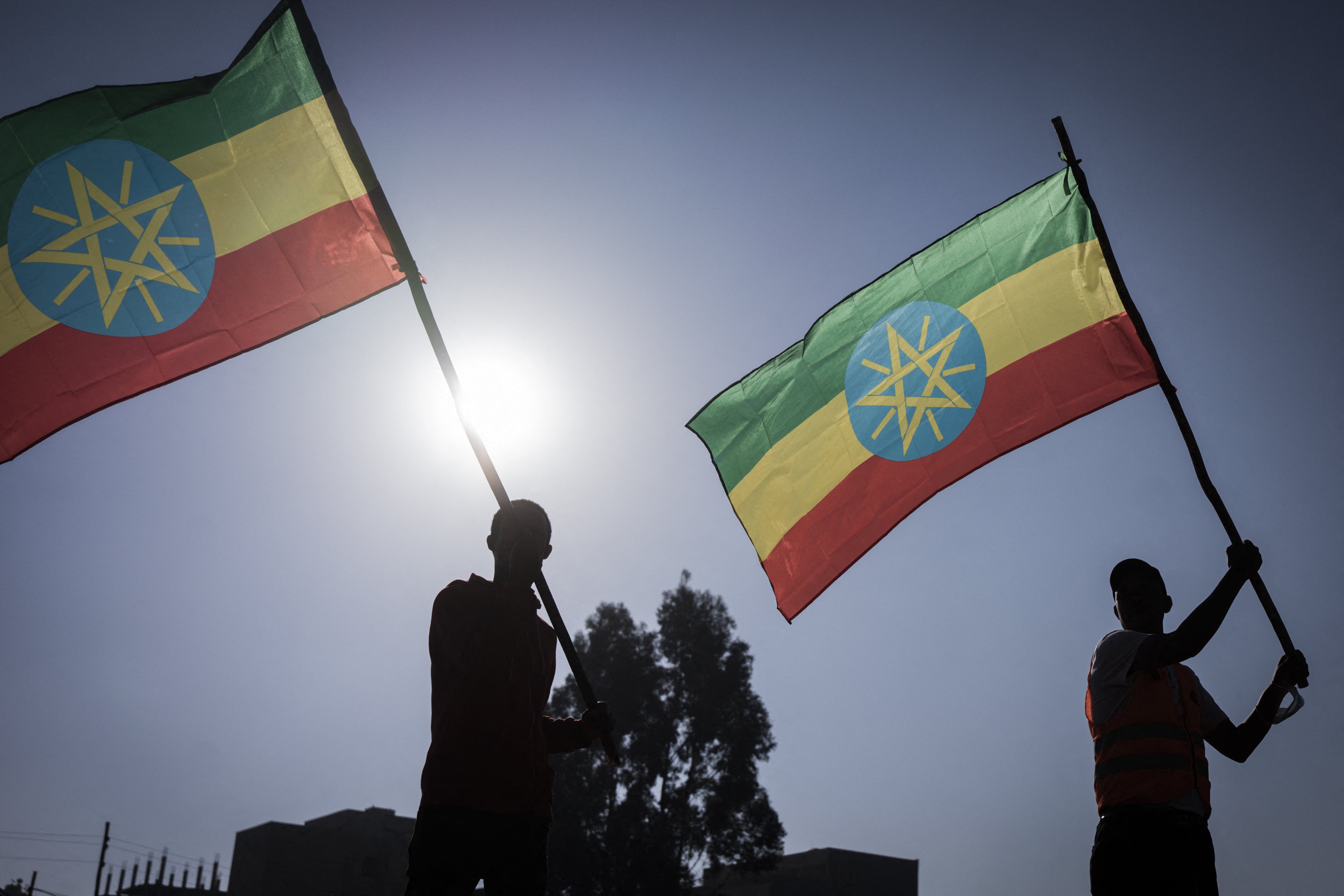 A view of protestors waving Ethiopian flags in the country in 2021. 