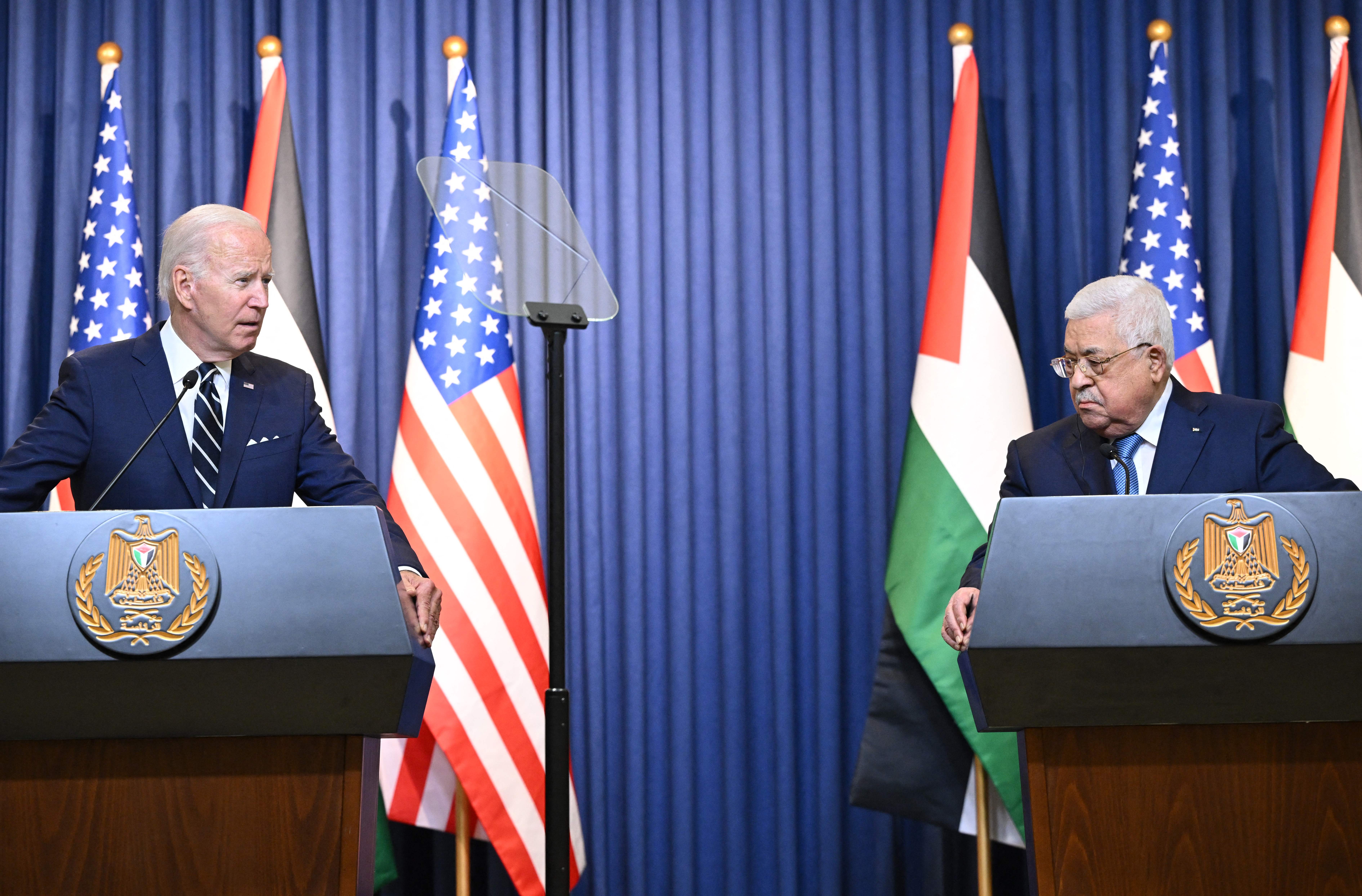 U.S. President Joe Biden and Palestinian President Mahmoud Abbas during a conference. 