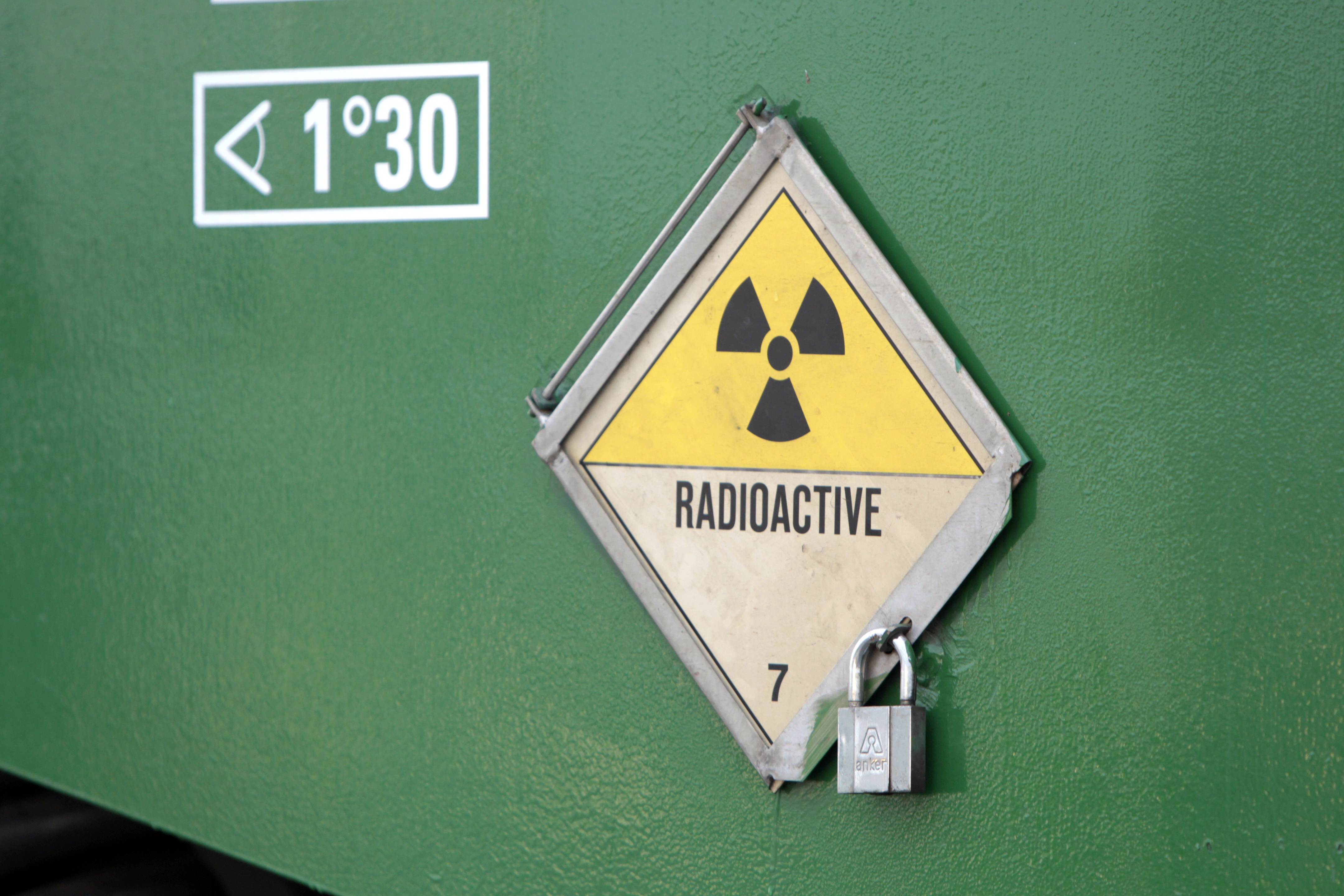 A radiation warning symbol on a nuclear waste container in Germany.  