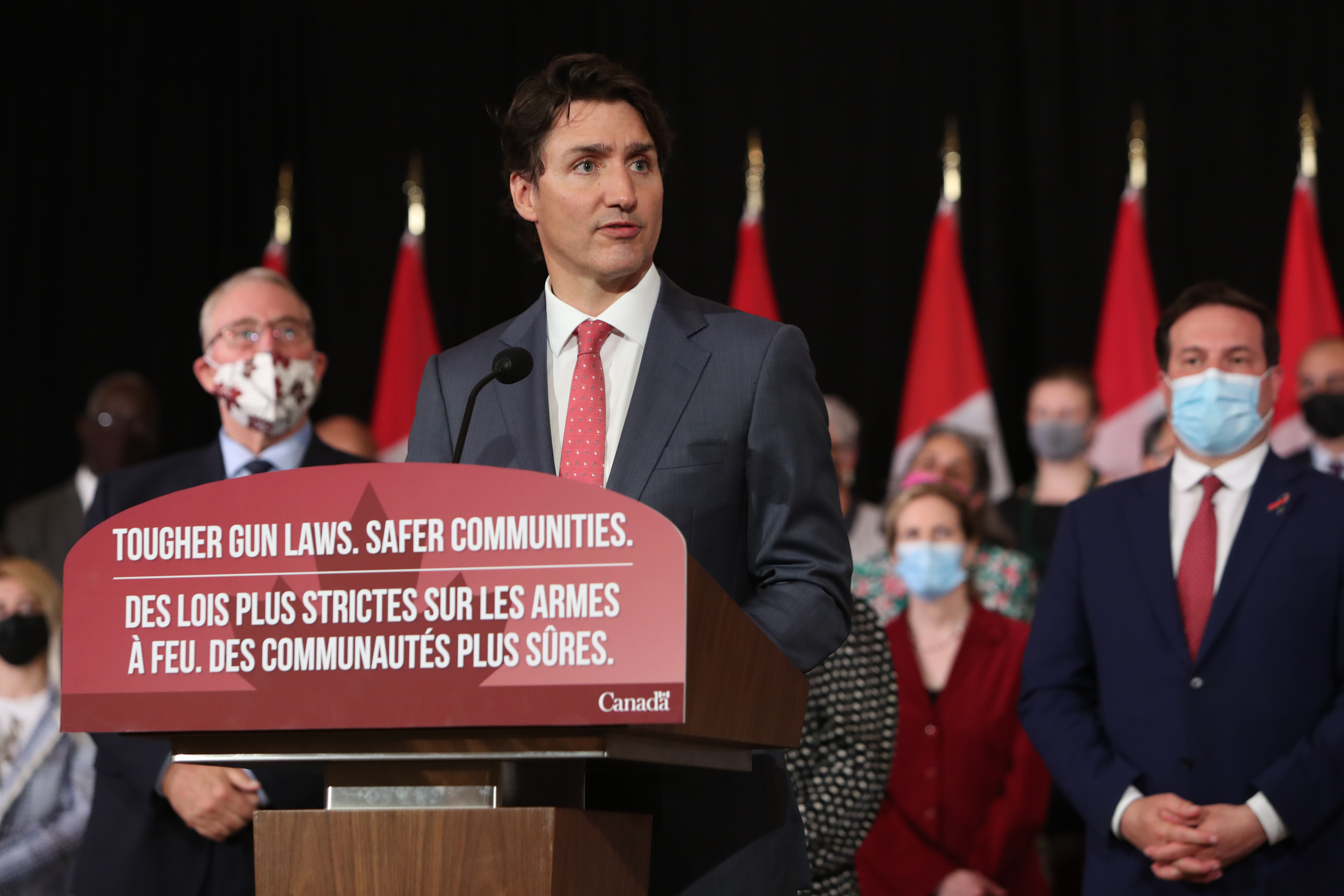 Canadian Prime Minister Justin Trudeau speaks on efforts against gun violence. 