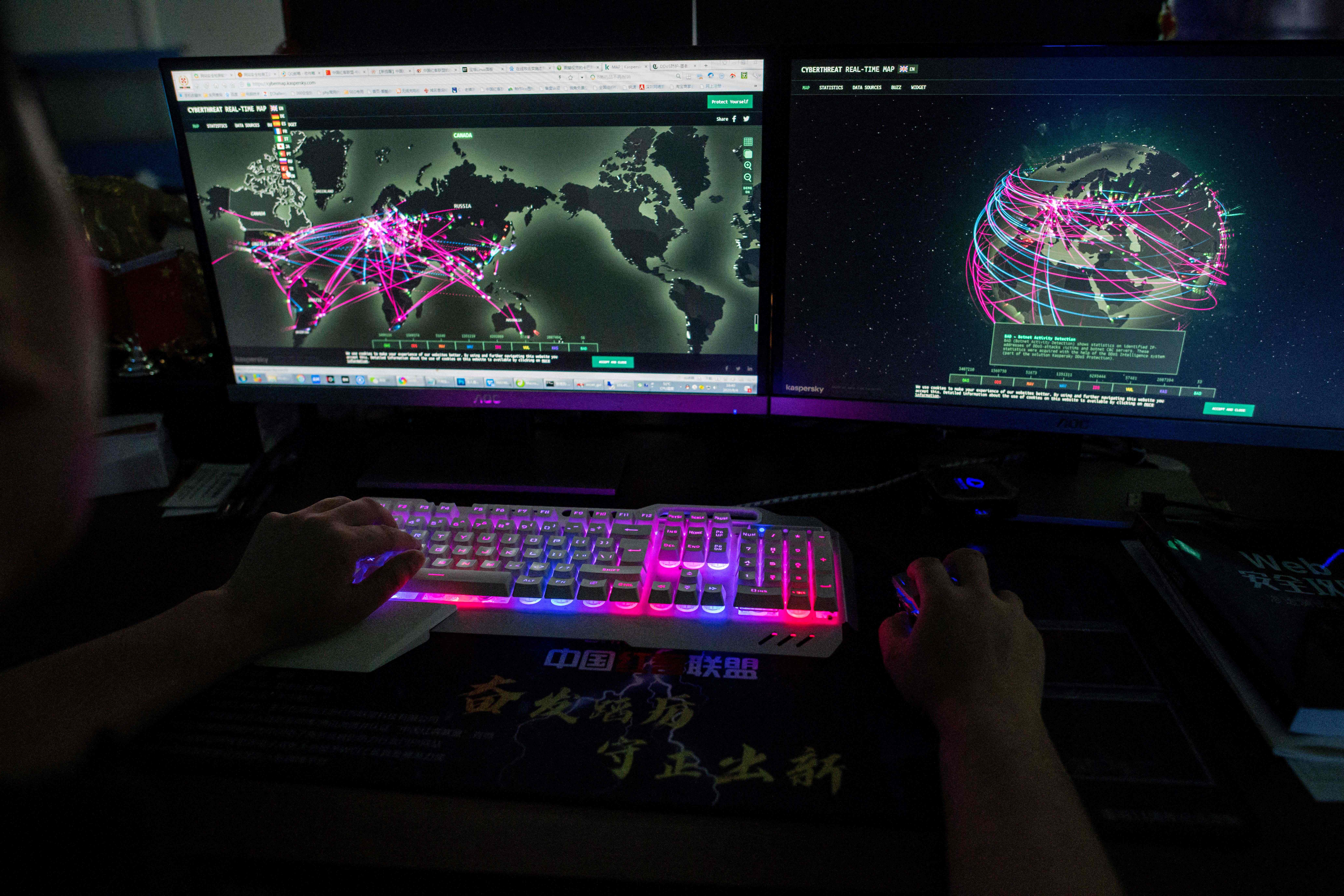 A hacker set up in his office in Dongguan, China.