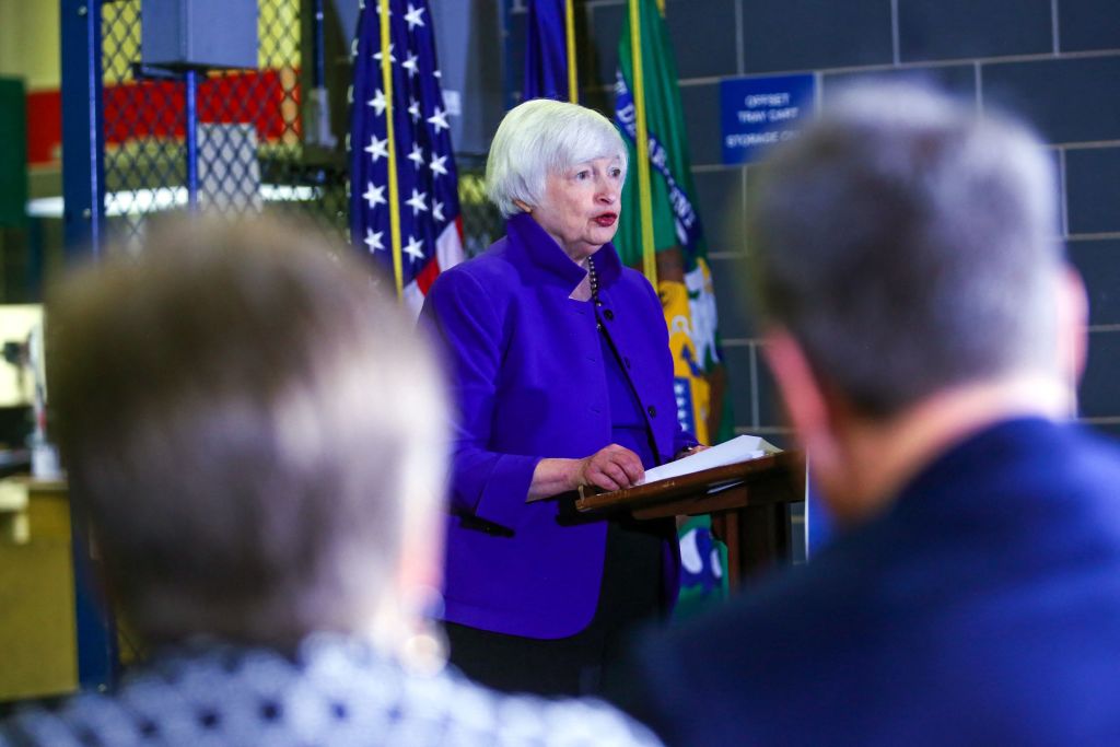 US Treasury Secretary Janet Yellen  =speaking at podium