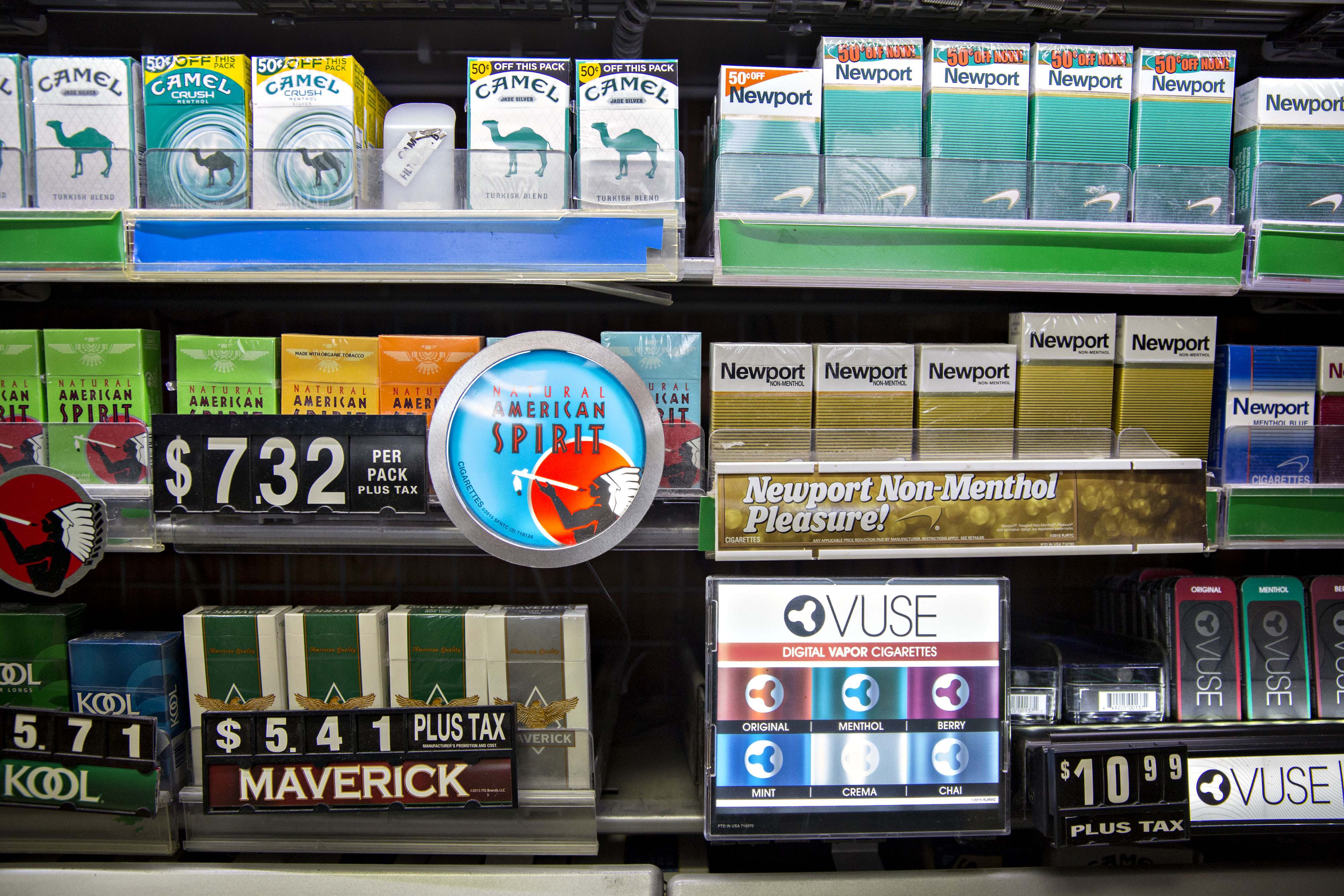 Tobacco products seen on the shelf in a gas station. 