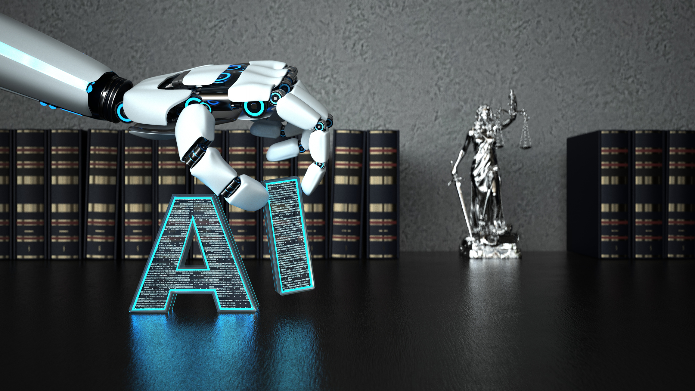 A robot hand with the letter AI and a lady justice statue on the wooden table with law books. 3d illustration.